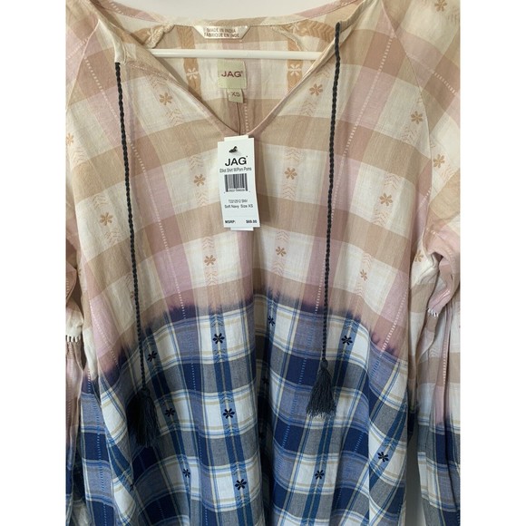 JAG Jeans Women's Elliot Tassel Soft Navy/Pink Bishop Sleeves Top Size Lrg - Picture 3 of 7